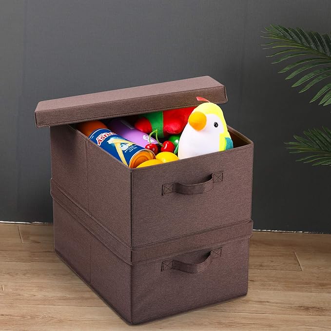 HOONEX Linen Foldable Storage Bins with Lids, 2 Pack, Storage Boxes with Carrying Handles and Sturdy Heavy Cardboard, 16.5" L x 11.8" W x 7.5" H for Shoes, Clothes, Brown