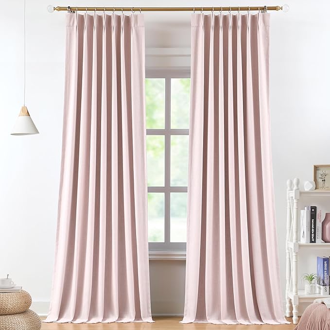 Vision Home Soft Pink Pinch Pleated Full Blackout Curtains Linen Blended Room Darkening Curtain Panels 112 inch for Living Room Bedroom Thermal Insulated Pinch Pleat Drapes with Hooks 9FT 40"Wx112"Lx2