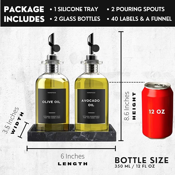 Olive Oil Dispenser Bottle For Kitchen With Silicone Tray & 40 Labels, Soy Sauce Dispenser, Coffee Syrup Dispenser, Olive Oil Bottles Set Of 2, Black