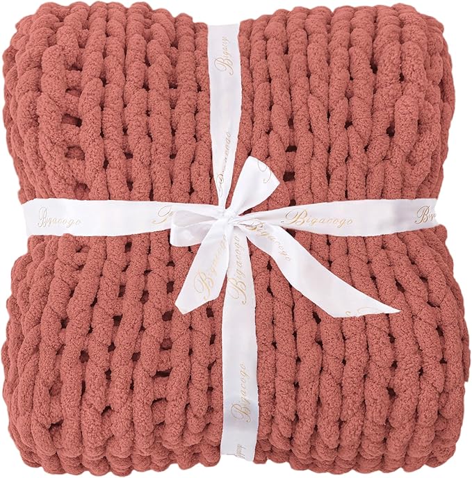 Bigacogo Chunky Knit Throw Blanket for Couch, 40x40 inches, 100% Hand Knitted with Thick Jumbo Chenille Yarn, Cozy Soft Large Rope Knot Cable Crochet Blankets for Sofa Bed Living Room, Antique Red