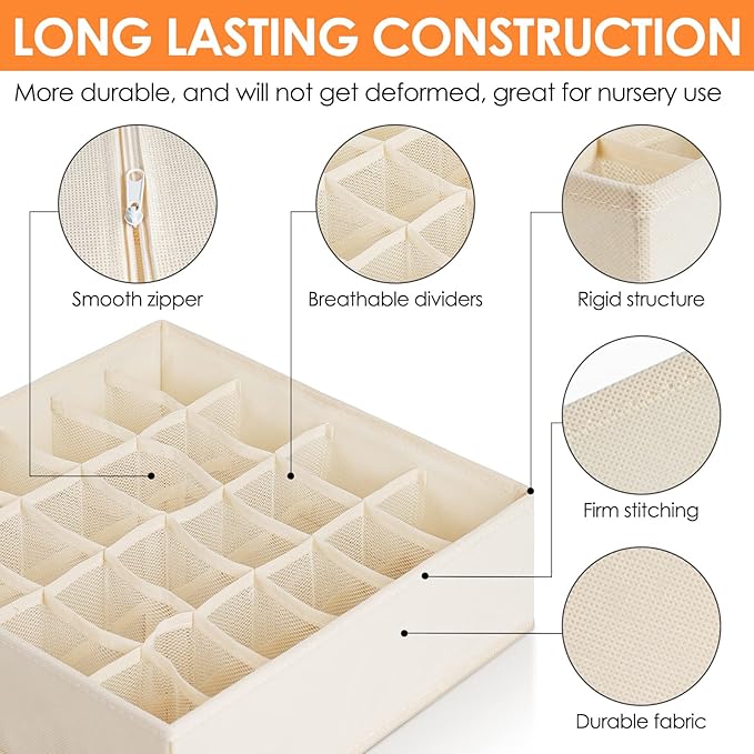 6 Pack Sock Underwear Drawer Organizer Dividers, 58 Cell Foldable Fabric Dresser Closet Organizers and Storage Bins for Clothing, Baby Clothes, Bra, Panty, Scarf, Ties (Beige)