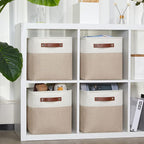 DULLEMELO 11 inch Cube Storage Bins, Large Collapsible Grey Storage Baskets for Square Cubes Organizing, Fabric Boxes Bins for Shelves Nursery Home Office Storage(4 Pack - 11" White&Khaki)