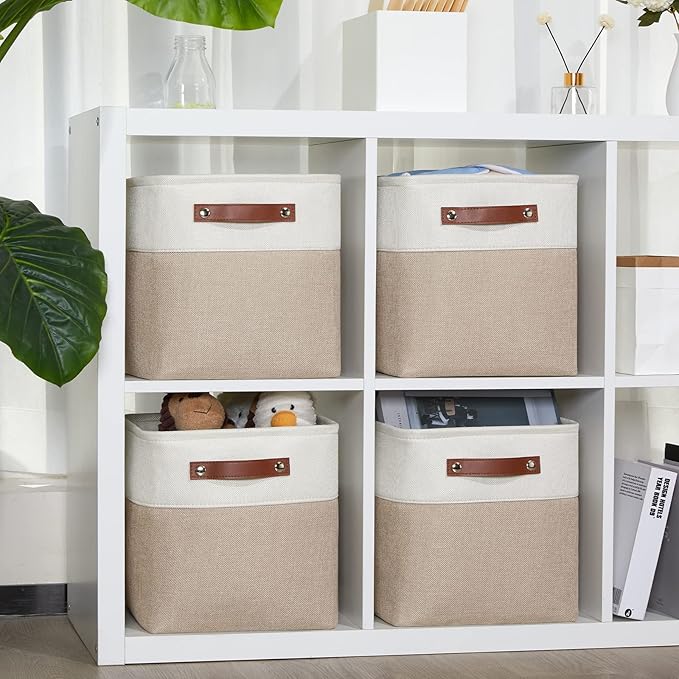 DULLEMELO 11 inch Cube Storage Bins, Large Collapsible Grey Storage Baskets for Square Cubes Organizing, Fabric Boxes Bins for Shelves Nursery Home Office Storage(4 Pack - 11" White&Khaki)
