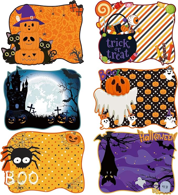 MCEAST 6 Pack Halloween Plastic Placemats Halloween Pumpkin Spider Ghost Waterproof Table Mats Assorted 6 Styles Halloween Party Table Decorations for Home Kitchen Dining, 16 x 12 Inches