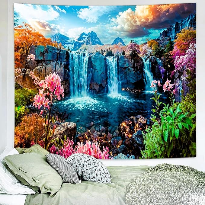 Delur Waterfall Tapestry Tropical Forest Mountain Sunset Tree Wall Hanging Tapestry Scenic Rainforest Landscape Nature Sunrise Headboard for Bedroom Living Room Home Decor (59.1" x 78.7")