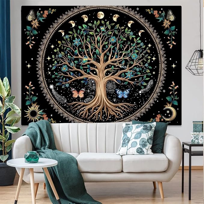 Lunerfex Tree of Life Tapastry Sun and Moon Tapastry Flower Boho Tree Mandala Wall Hanging for Bedroom and Living Room Decor Green Tree 44×60 Inches