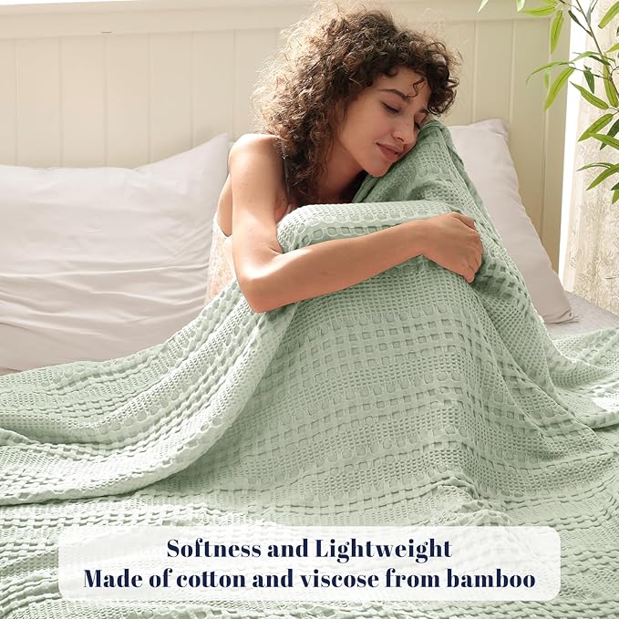 PHF Cooling Waffle Blanket Queen Size, Lightweight 60% Rayon Derived from Bamboo & 40% Cotton Breathable Blanket for Hot Sleepers, Soft and Luxury for Bed Couch and Sofa, 90"x90", Mint