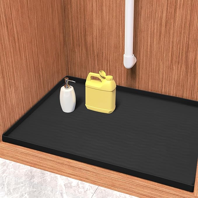 URMONA Waterproof Silicone Under Sink Mat 28'' x 19'' Shelf Liner for Kitchen and Bathroom, Cabinet and Counter Protector, Storage and Organizers, Litter Mat, Pet Cat Puppy Essentials(Black)