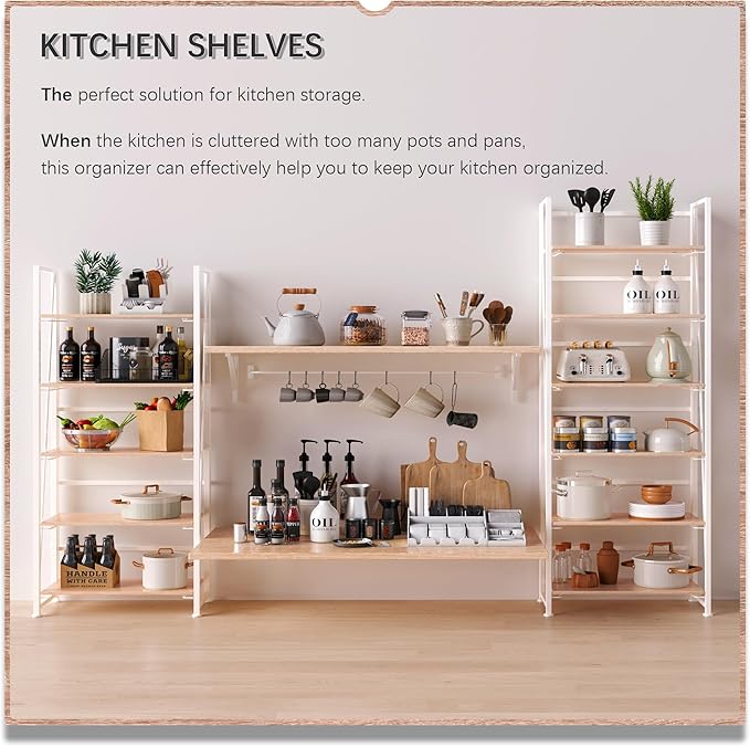 4NM No Assembly Foldable Bookshelf, 6-Shelf Collapsible Bookcase Storage for Small Spaces, 74" H, Natural White