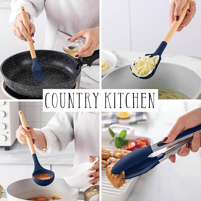 Country Kitchen Non Stick Silicone Utensil Set with Rounded Wood Handles for Cooking and Baking, 14 Piece Set, Navy