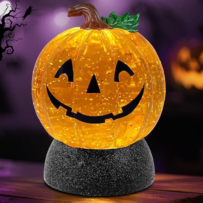 Halloween Snow Globe Lantern Pumpkin Lighted Halloween Snow Globes Battery Operated or USB Powered with 6H Timer Musical Snow Globe Glitter for Spooky Party Home Table Decorations (Pumpkin)