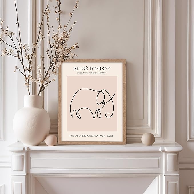 Poster Master Vintage Poster - Retro One Line Elephant Drawing Print - Elephant Art - Minimal Gift for Men, Women, Animal Lover - Abstract Wall Decor for Home, Office, 11x14 Beige Framed