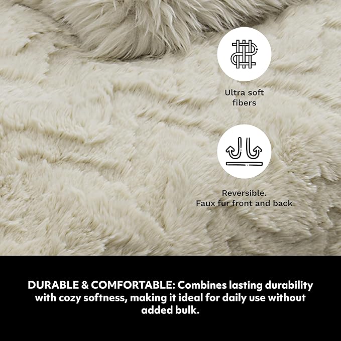 Mon Chateau Premium Reversible Queen Size Luxury Faux Fur Throw for Couch, Sofa, or Queen Size Bed - Plush Cozy Soft Blanket for Sleeping or Home Décor, 60" x 70" (Beige Jacquard)