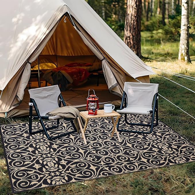 OLANLY Outdoor Rug Waterproof 9x12 ft Clearance, Reversible Outdoor Plastic Straw Rug with Floral Pattern, RV Mat for Patio, Camping, Balcony, Deck, Backyard, Black & Beige