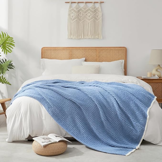 Snuggle Sac Blue Waffle Throw Blanket for Couch Bed Sofa 60x80 inches, Reversible Blue Blanket Microfiber Fluffy Fuzzy Cozy Knit Twin Blanket for Women Mothers Birthday Gifts