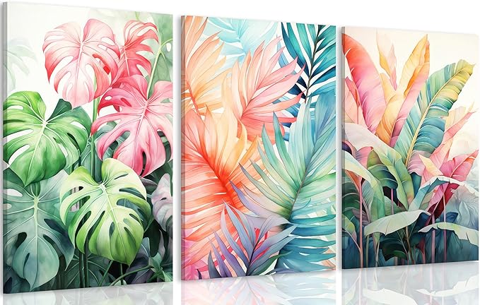 3pcs Framed Tropical Botanical Canvas Wall Art Monstera Leaves Posters Botanical Prints Bohemian style Wall Decor Pictures Palm Leaves Paintings for Bathroom living room Decoration