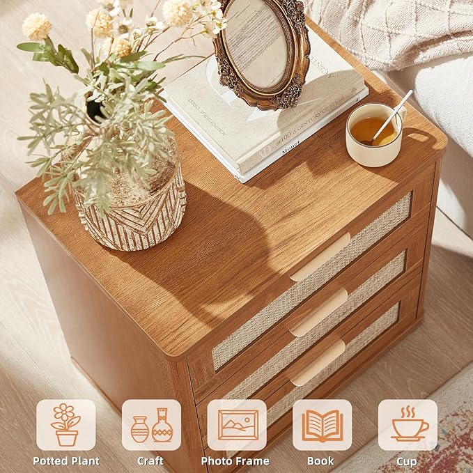 LEYAOYAO Boho Rattan Coffee Table and End Table Sets, 48" Wide Center Tables & 23" Night Stand with 3 Drawers, Brown Wood Coffee Table for Living Room 3 Piece Set