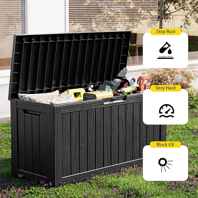 75 Gallon Resin Deck Box, Lockable Outdoor Storage Box for Patio Cushions Storage Furniture,Garden Tools, Pool Supplies, Weatherproof and UV Resistant（Black）