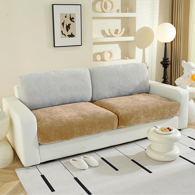 Couch Cushion Covers Individual Large Super Stretch Chenille (Softer Version) Sofa Cushion Covers, Couch Seat Covers Couch Slipcovers Furniture Protector (2PC, Khaki)