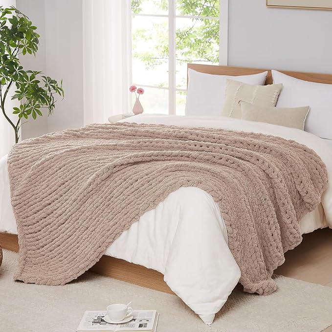 L'AGRATY Chunky Knit Blanket Throw: 80''x90'' Chenille Chunky Knitted Throw Blankets for Bed Couch - Handmade Thick Big Cable Knit Blanket - Large Crochet Rope Blankets for Home Decor(Light Taupe)