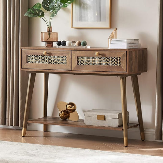 Narrow Sofa Table with Two Drawers and Shelf, Modern Style Wooden Console Table for Living Room, Entryway, Hallway, Rustic Oak