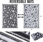 OLANLY Waterproof Outdoor Rug 9x12 ft, Outdoor Plastic Straw Rug with Flower Pattern, Reversible RV Mat for Patio, Camping, Balcony, Deck, Backyard, Black & White
