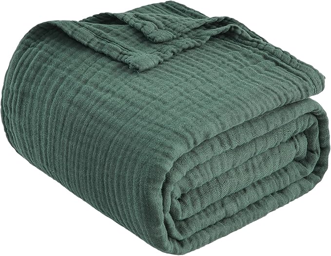 EMME Cotton Muslin Queen Blanket Bed Layering Breathable Gauze Blanket Soft Lightweight Blankets Adults (Forest Green, 90"x90")