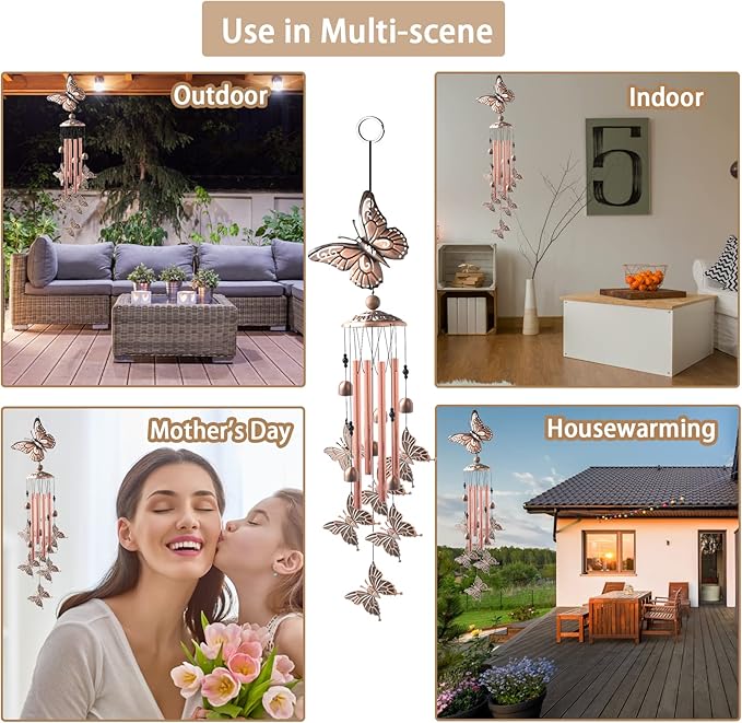 Wind Chimes for Outside, 33" Butterfly Wind Chimes Outdoor, Birthday Gifts for Women Mom Sister, Gift for Garden Porch Patio Home Decor (Golden)