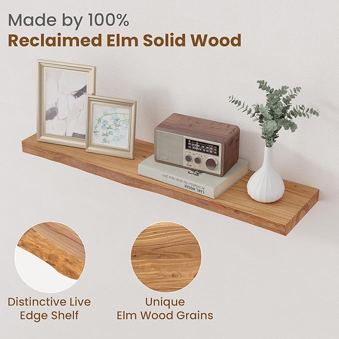 Floating Shelves for Wall Decor, Rustic Solid Elm Wood Live Edge Floating Shelves Wall Mounted, Wall Shelves with Invisible Bracket for Living Room Bathroom Bedroom Kitchen, 32 Inch Set of 2, Natural