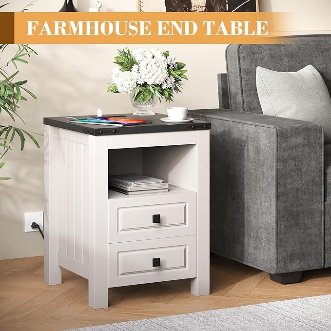 Farmhouse End Table with Charging Station & Storage - Apicizon Nightstand