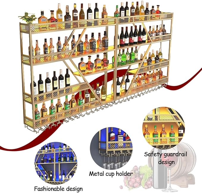 Wall Mounted Wine Rack with Glass Holder, 3-Tier Metal Storage Shelf, Black Diamond Design, Wine Bottle Display with Stemware Storage (Black, 31.49in/Right)