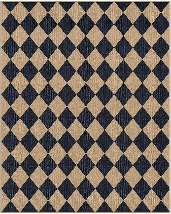 Lahome Checkered Easy Jute Area Rug 8x10, Large Living Room Patio Rug Checkerboard Indoor Outdoor Carpet, Farmhouse Geometric Non Slip Black Carpet for Backyard Dining Room