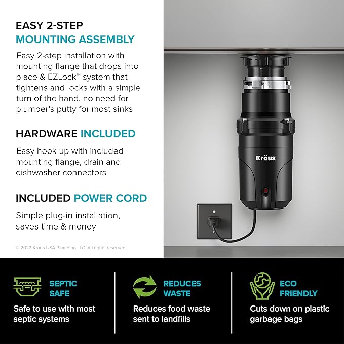KRAUS WasteGuard 1/2 HP Continuous Feed Ultra-Quiet Motor Garbage Disposal with Quick Connect Mount, Power Cord and Flange Included, KWD110-50MBL
