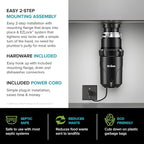 KRAUS WasteGuard 1/2 HP Continuous Feed Ultra-Quiet Motor Garbage Disposal with Quick Connect Mount, Power Cord and Flange Included, KWD110-50MBL