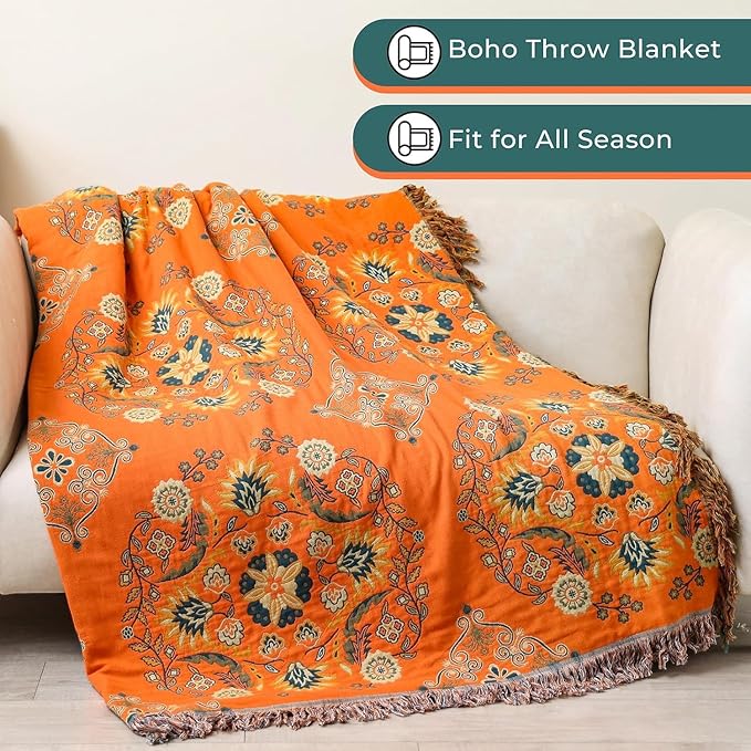 Throw Blanket for Couch Bed Chair,100% Cotton Soft Lightweight Blanket Rustic Quilt -Orange Floral Printed Farmhouse Decor Bed All Season Blankets,90"×98"