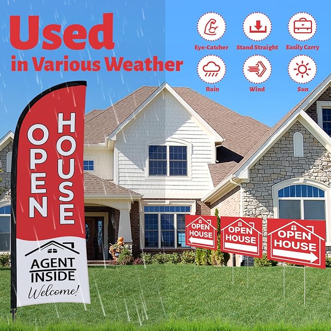 44 Pcs Open House Signs for Real Estate Agent Supplies, Double Sided Open House Flag with Poles Kit, 7.6 x 5.4 Ft Red Opening Sign Banner Set, 5 Pack Yard Signs with Metal Stakes 30 Balloons