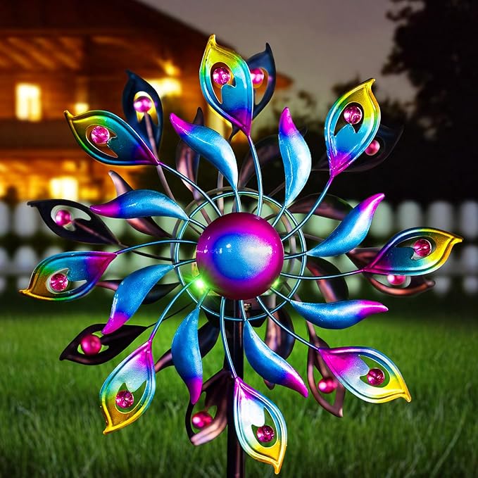 360°Peacock Solar Wind Spinner with Lights Blue Metal Garden Outdoor Decor Yard Lawn Art Decor for Patio Kinetic Windmills Unique Gifts for Friends and Family 51.9' H x 12.2'' Dia