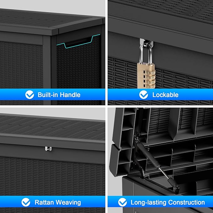 260 Gallon Deck Box XXL Large Outdoor Storage for Patio Furniture,Outdoor Cushions,Garden Tools and Pool Supplies,Waterproof,Resin,Lockable(Black Rattan)