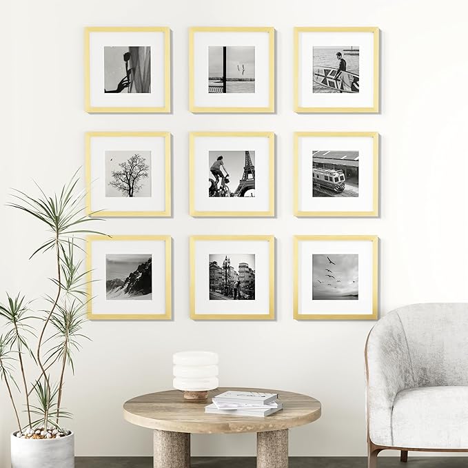 Vittanly 12x12 Picture Frames Set of 9, Shatter Resistant Plexiglass, Display 8x8 Pictures with Mat or 12x12 without Mat, Photo Frames for Wall Mount, Engineered Wood, Gold