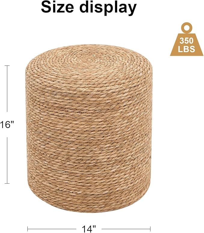 Pouf Ottomans, Handwoven Natural Straw Footstool, Round Braided Outdoor Patio Stool with Wood Frame, Boho Decor Accent Seat Balcony, or Garden (Natural)