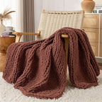 Chunky Knit Blanket Throw, 100% Hand Knit Throw Blanket Handmade Chenille Cable Knit Throw for Couch, Stylish Cozy Soft Rope Knot Crochet Blanket for Home Decor, Copper Brown, 50x60 Inches