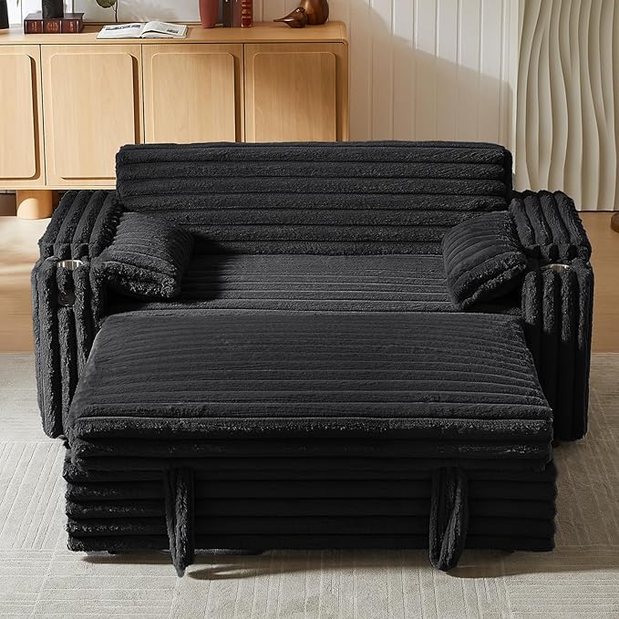 68.11" Corduroy Convertible Sofa Bed with USB Charging Port, Foldable Sleeper Chair with Pillows & Armrests, 3-in-1 Floor Couch for Living Room, Bedroom, Guest Room – Black