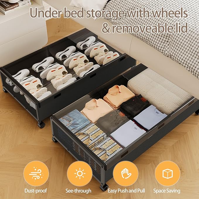 Under Bed Storage Containers with Wheels, 2 Pack Underbed Shoe Storage Organizer with Removable Lids, Large Rolling Under Bed Storage Dresser Drawers for Clothes Toys Shoes Blankets