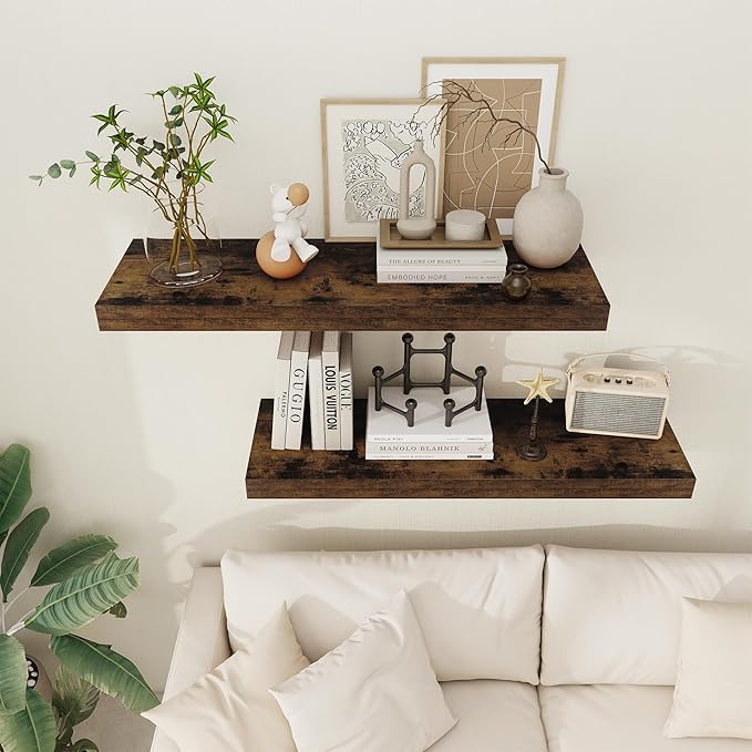 Floating Shelves 36 Inch Long, 12 Inch Deep Floating Shelves for Wall, 36 x 12 Shelves for Wall Storage & Display, 2" Thick Floating Shelf for Bathroom, Living Room, Rustic Brown Color, Set of 2