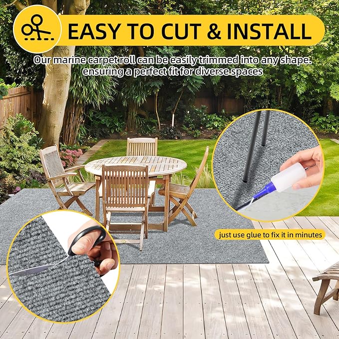 Marine Carpet,5 FT x 15 FT Smoke Gray Indoor Outdoor Carpet 0.2" Thick Boat Carpet with Water-Proof TPE Backing, Non-Slide Outdoor Marine Carpet Roll for Home, Patio, Porch, Deck