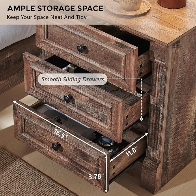 26" Tall Farmhouse Nightstand Set of 2, 3 Drawers End Table w/Charging Station, 23.6" Wide Large Side Table w/Roman Column, Wood Rustic Sofa Table for Bedroom, Light Brown