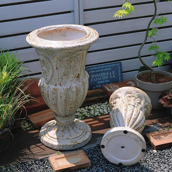 Vintage European Giant Garden Urn Planter, Decorative Cement and Fiber Flower Pot, Make Rust Finished, Wrap Foam Safely Delivered from Local Warehouse (Vintage, Large)