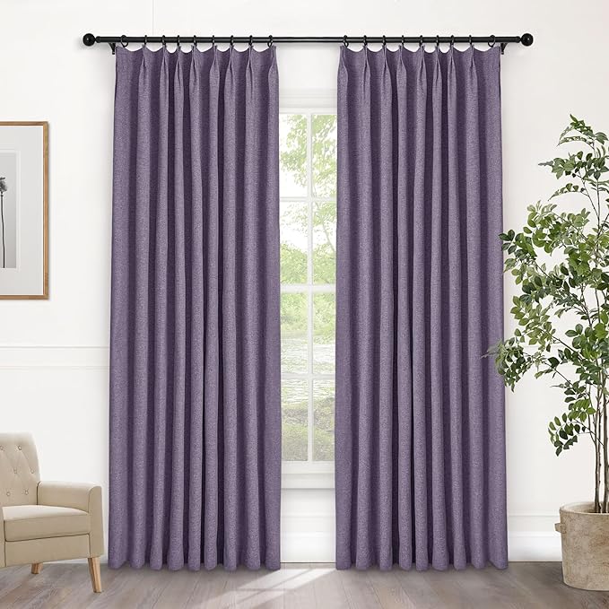 Macochico 52”Wx96”L 100% Blackout Curtains for Bedroom Living Room Nursery Violet Pinch Pleated Linen Curtains Farmhouse Burlap Drapes Thermal Window Panels with Hooks and Tieback 1 Panel