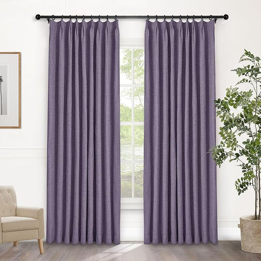 Macochico 100% Blackout Violet Linen Curtains 84 Inches Long Pinch Pleated Burlap Curtains for Bedroom Living Room Farmhouse Nursery Thermal Window Panels with Tieback 72”Wx84”L 1 Panel