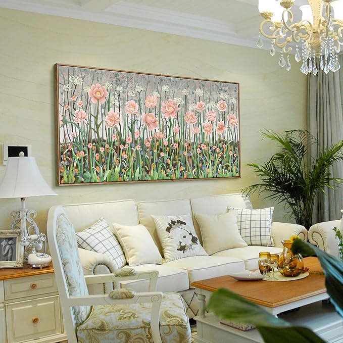 amatop Framed Oversized Floral Canvas Wall Art Canvas Print Modern Botanical Flower Field Rustic Wall Decor Abstract Nature Blooming Wildflower Pale Pink Green Artwork for Living Room Bedroom Office 58x29 in